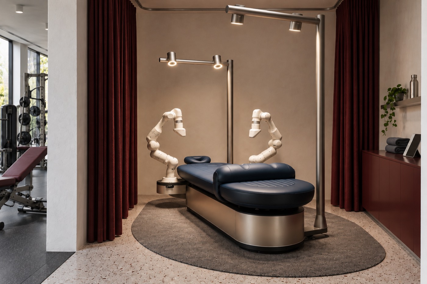 Concept render — an Aescape table in a curtained stretch alcove