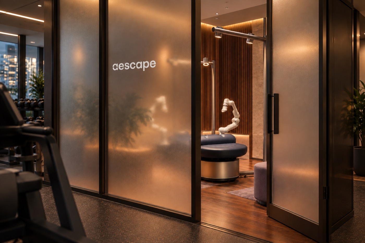 Concept render — an Aescape table inside a frosted-glass enclosure on a gym floor