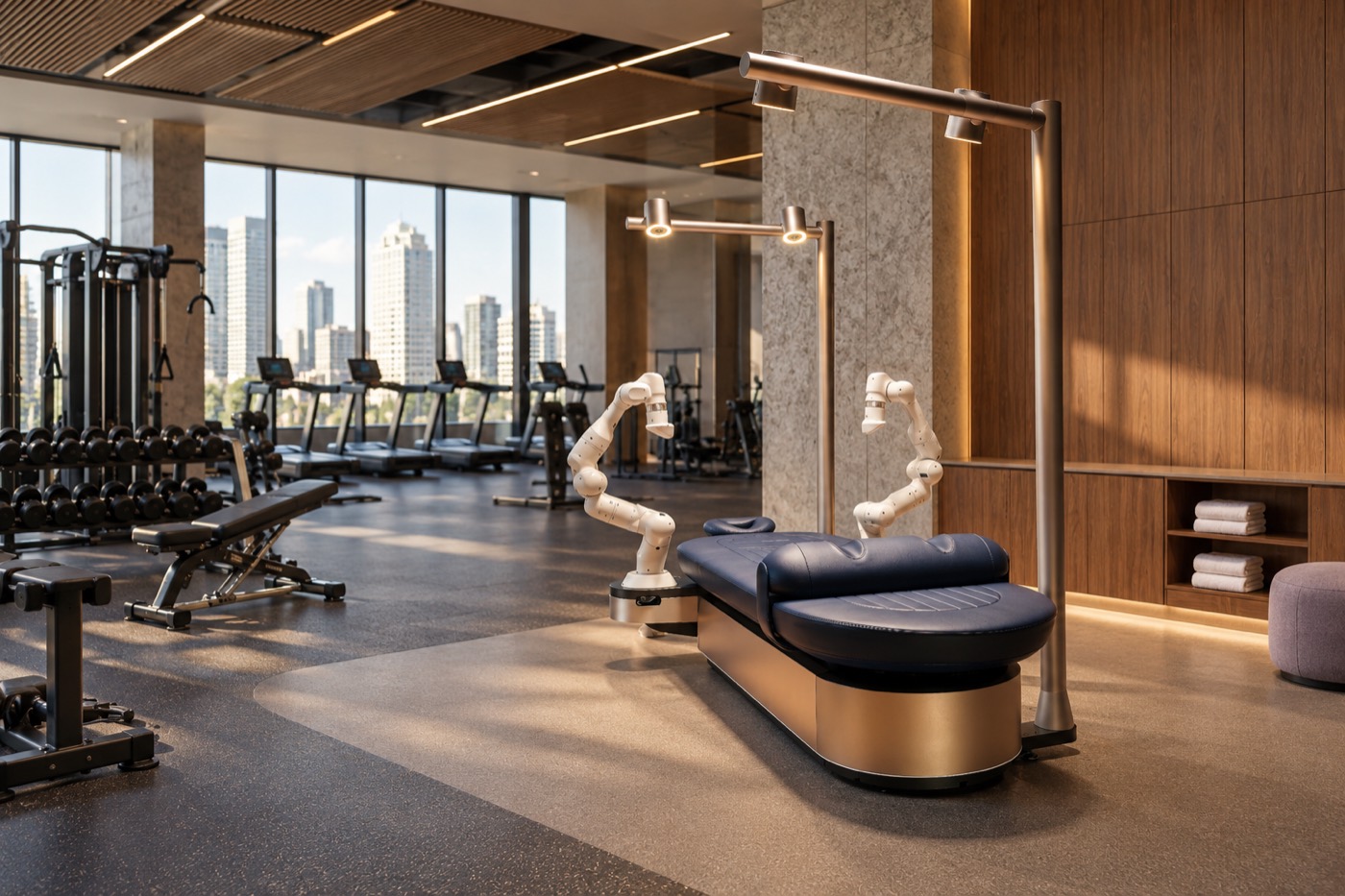 Concept render — an Aescape table on an open club floor beside the free weights
