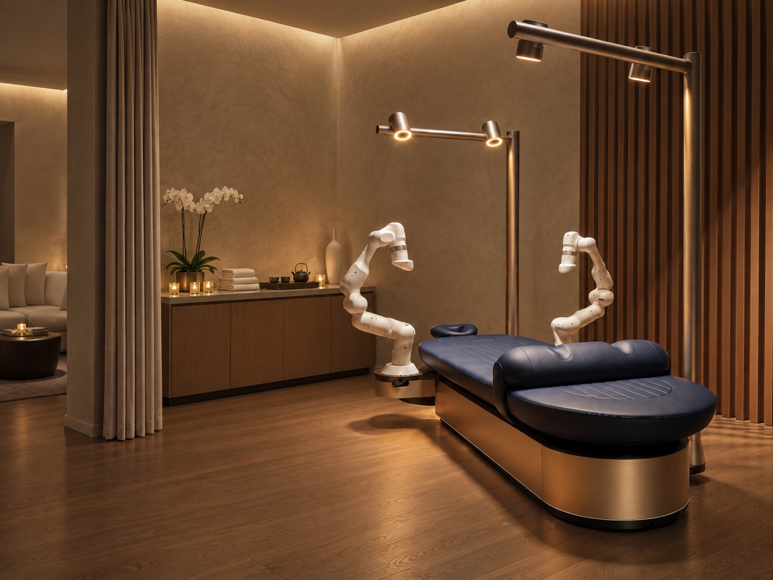 An Aescape table in a candlelit spa treatment room