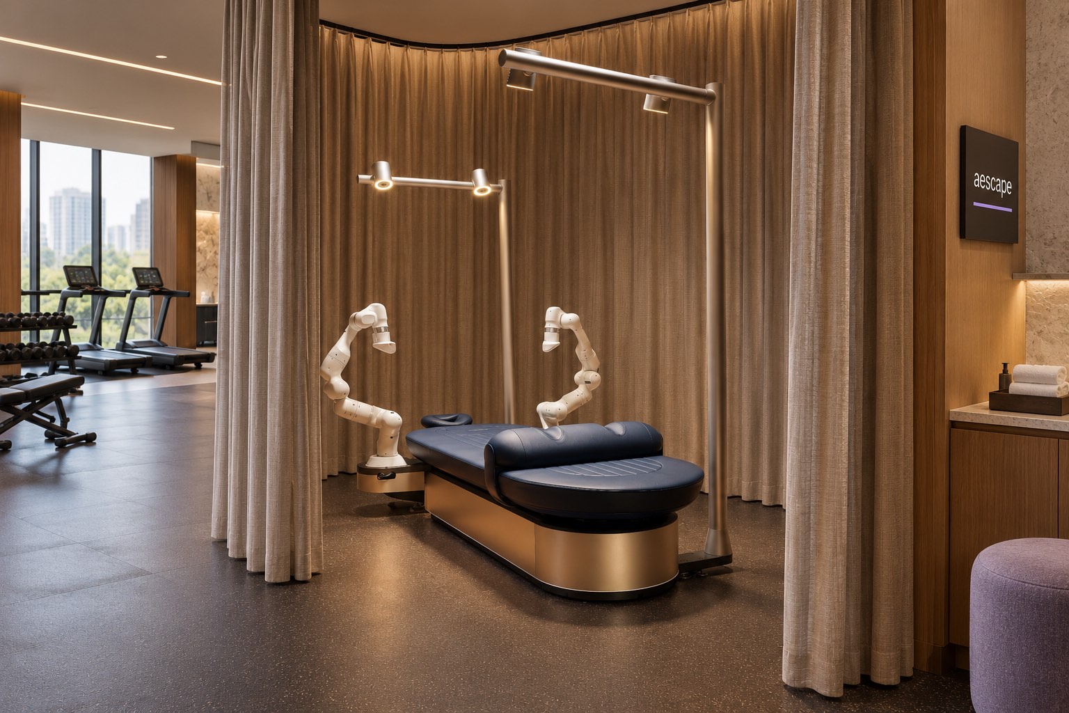 An Aescape table in a curtained bay off a hotel fitness centre