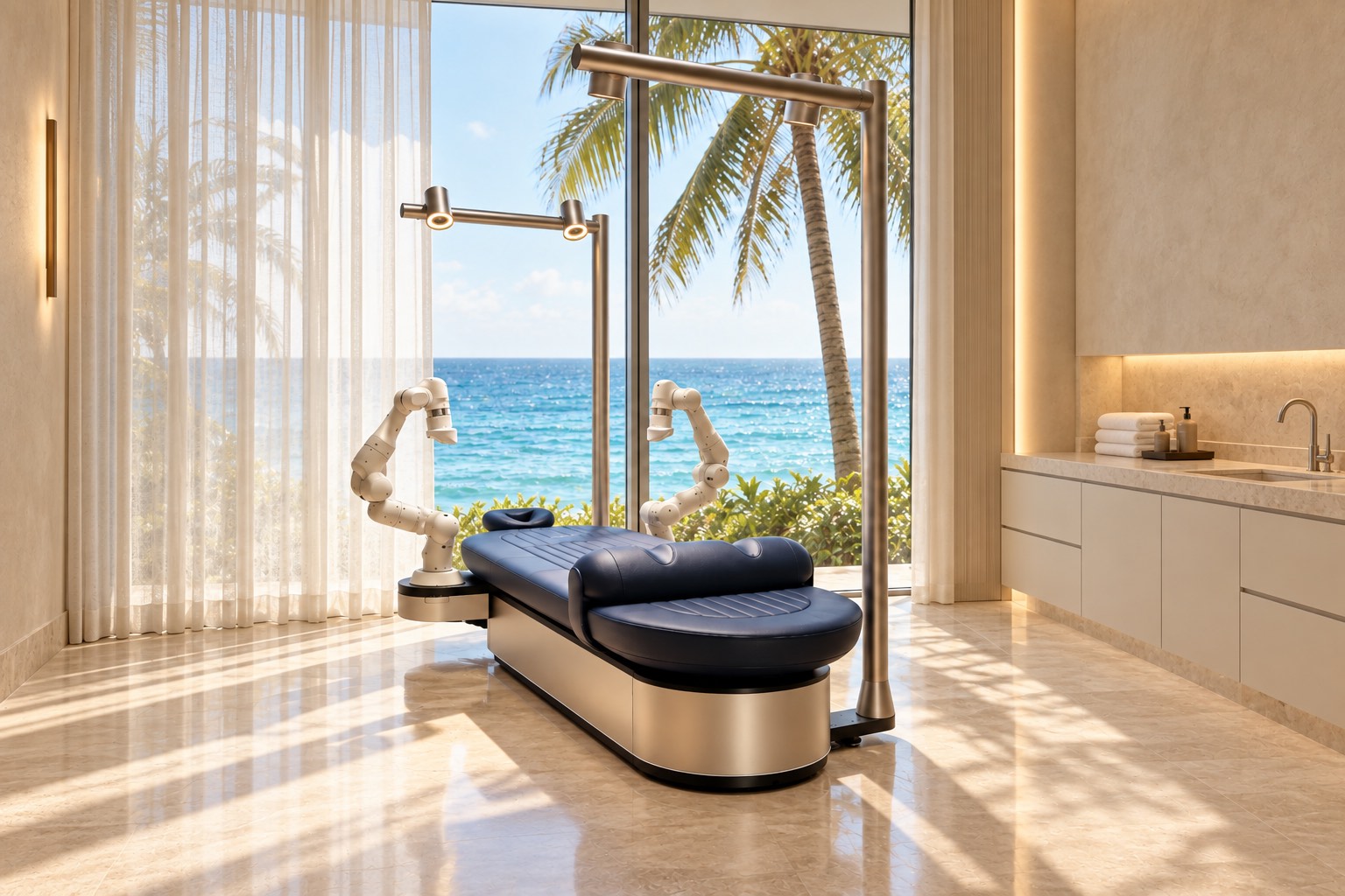An Aescape table in an oceanfront spa treatment room