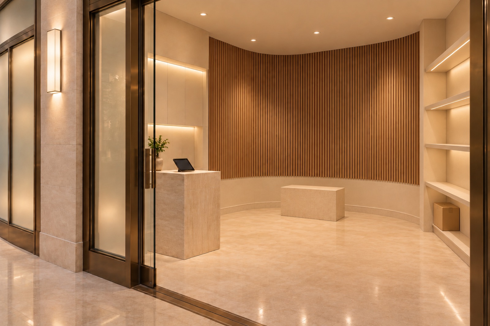 The same lobby retail bay before conversion, empty and unfitted