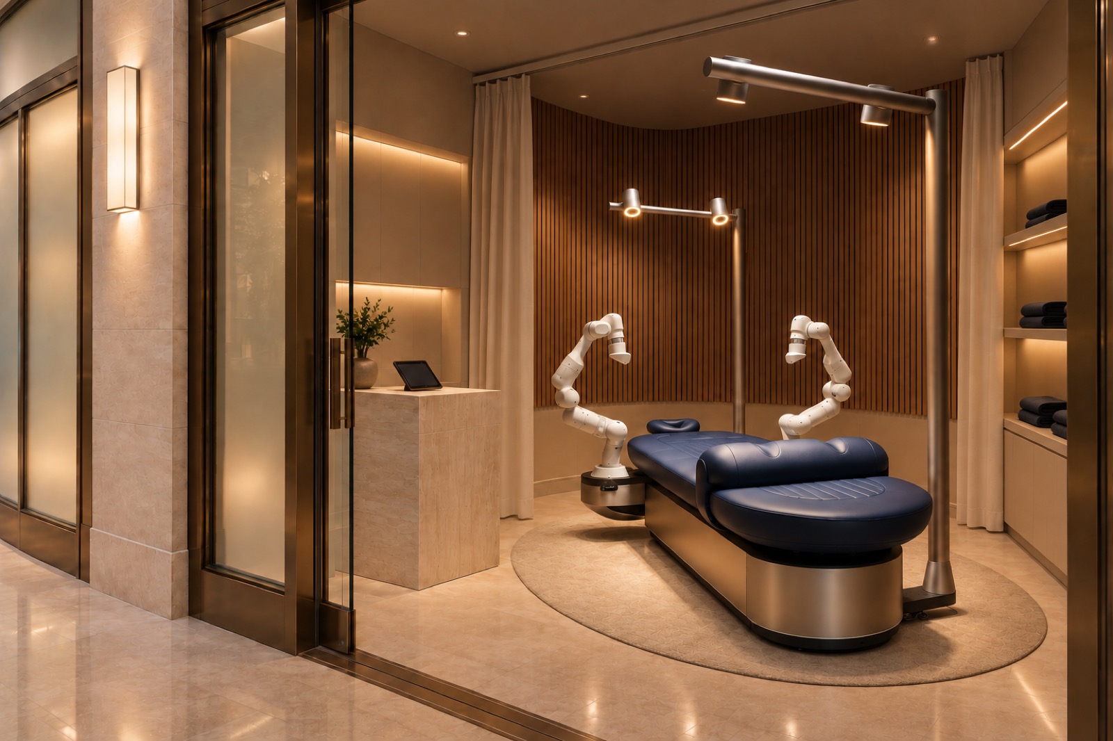 An Aescape table in a lobby-level retail bay behind a bronze storefront